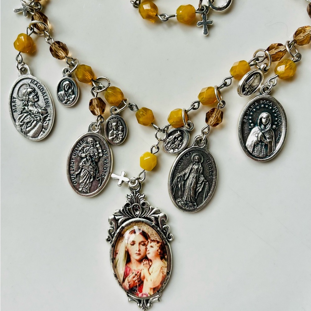Mary & Jesus Vintage Image Medals Choker Citrine & Topaz Austrian Crystals - Picture 4 of 16